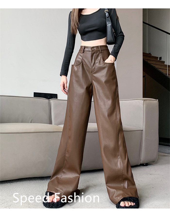 PU レザーワイドレッグパンツ レディース バギーパンツ ロング丈 ハイウエスト カジュアル ボ体型カバー ズボン 大人 ワイドレッグパンツ 