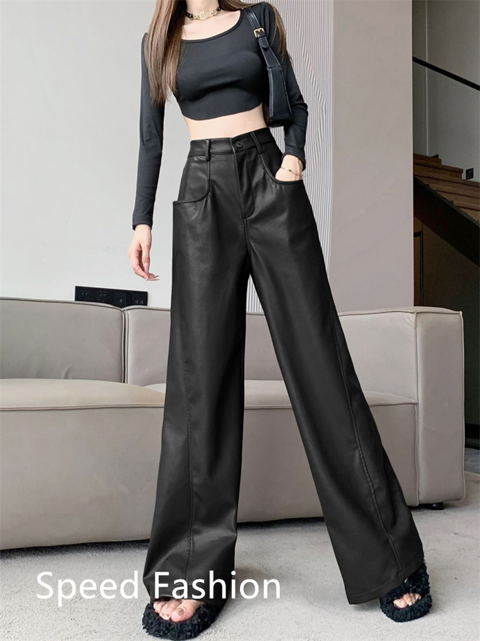 PU レザーワイドレッグパンツ レディース バギーパンツ ロング丈 ハイウエスト カジュアル ボ体型カバー ズボン 大人 ワイドレッグパンツ 