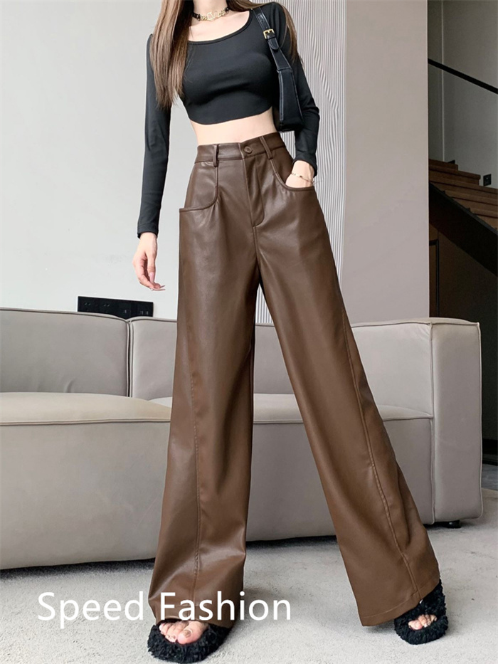 PU レザーワイドレッグパンツ レディース バギーパンツ ロング丈 ハイウエスト カジュアル ボ体型カバー ズボン 大人 ワイドレッグパンツ 