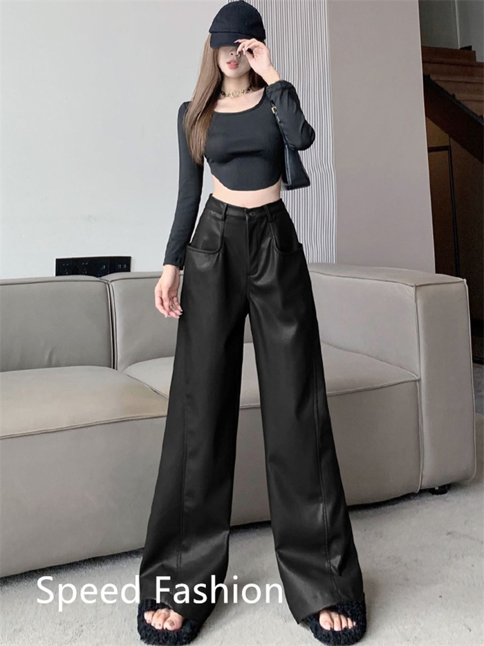 PU レザーワイドレッグパンツ レディース バギーパンツ ロング丈 ハイウエスト カジュアル ボ体型カバー ズボン 大人 ワイドレッグパンツ 