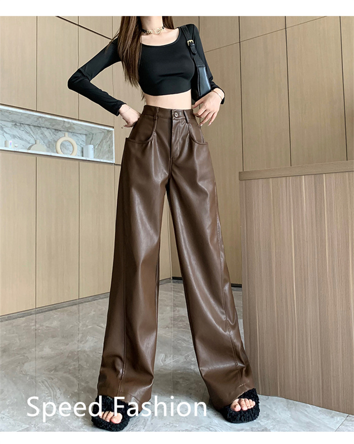 PU レザーワイドレッグパンツ レディース バギーパンツ ロング丈 ハイウエスト カジュアル ボ体型カバー ズボン 大人 ワイドレッグパンツ 