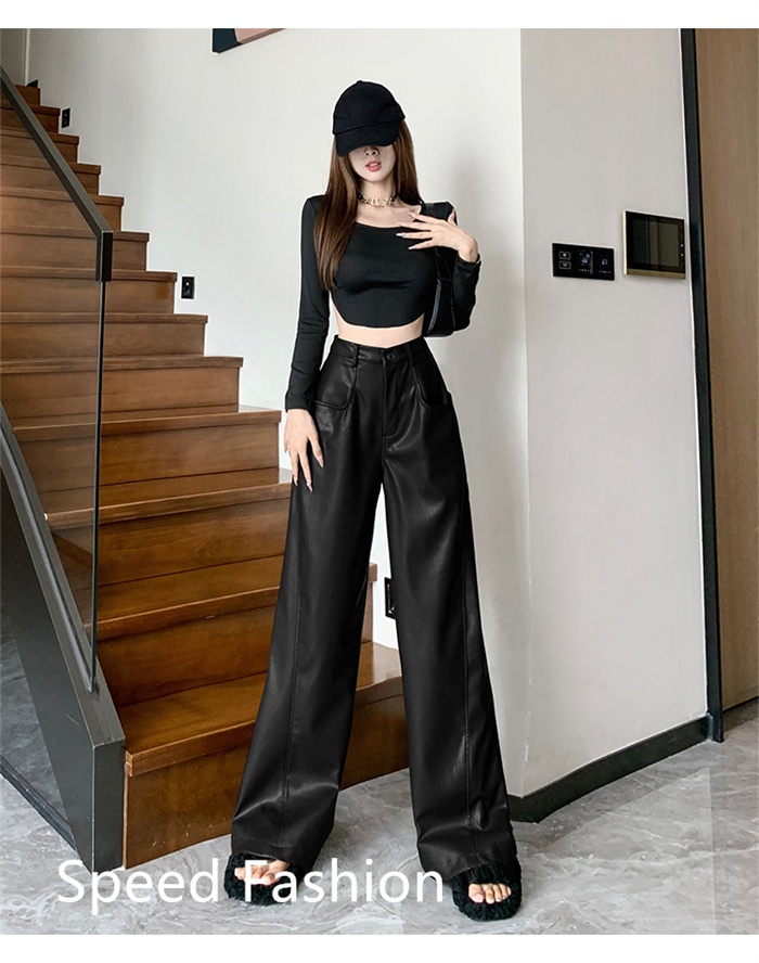 PU レザーワイドレッグパンツ レディース バギーパンツ ロング丈 ハイウエスト カジュアル ボ体型カバー ズボン 大人 ワイドレッグパンツ 