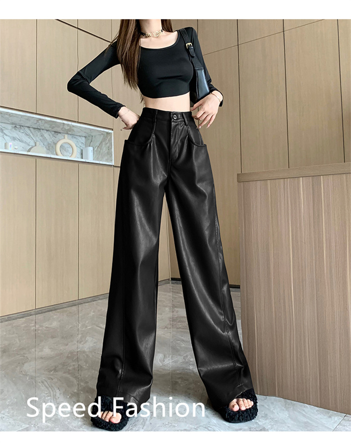 PU レザーワイドレッグパンツ レディース バギーパンツ ロング丈 ハイウエスト カジュアル ボ体型カバー ズボン 大人 ワイドレッグパンツ 