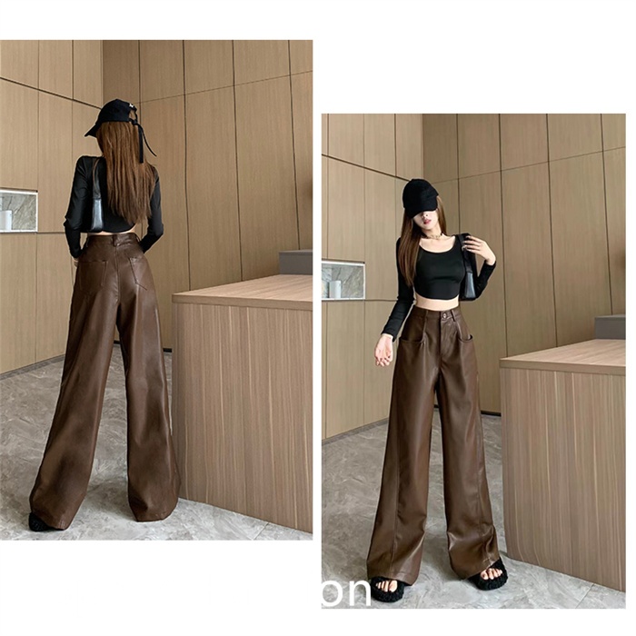 PU レザーワイドレッグパンツ レディース バギーパンツ ロング丈 ハイウエスト カジュアル ボ体型カバー ズボン 大人 ワイドレッグパンツ 