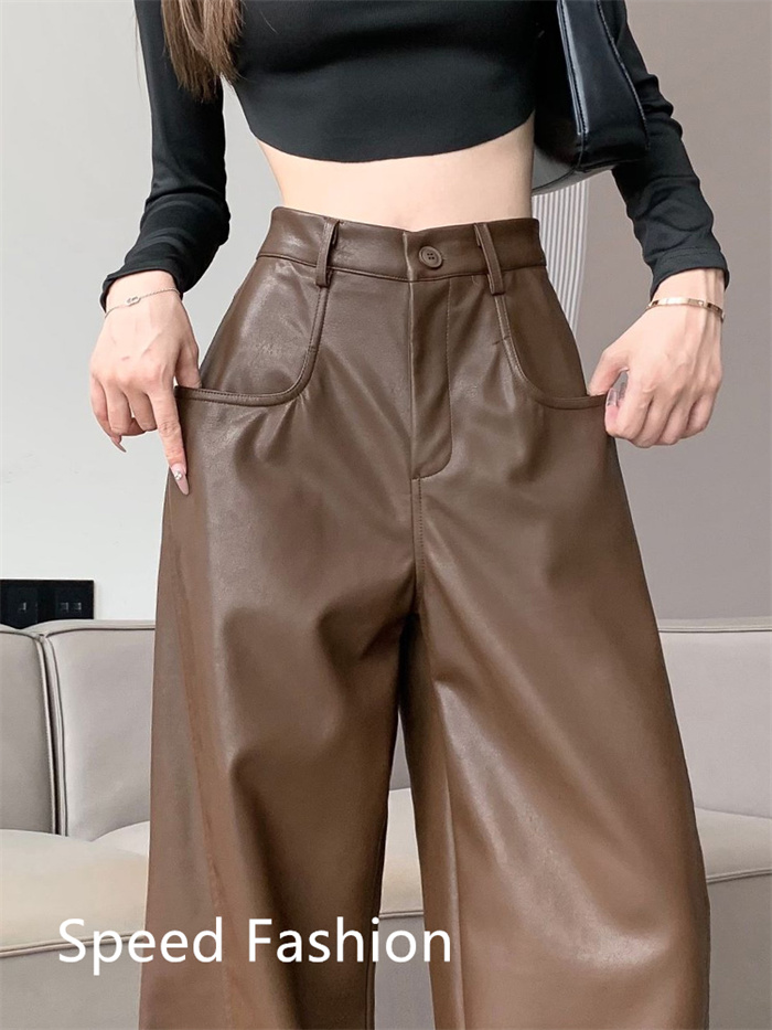 PU レザーワイドレッグパンツ レディース バギーパンツ ロング丈 ハイウエスト カジュアル ボ体型カバー ズボン 大人 ワイドレッグパンツ 