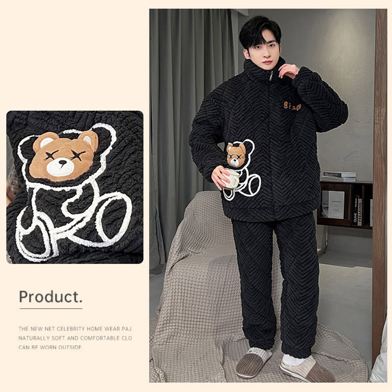 もこもこ パジャマ メンズ 冬用 厚手 モコモコ 長袖 暖かい 前開き 寝巻き フランネルあったか 防寒 お洒落 カジュアル 部屋着 ルームウェア ナイトウェア 