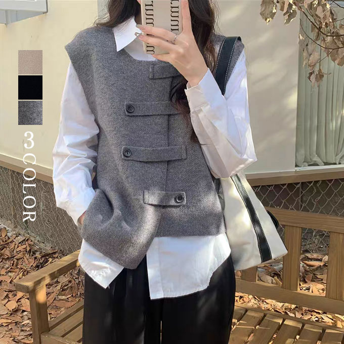 ニットベスト レディース 前開き ショート丈 トップス ノースリーブ 送料無料 レイヤード カーディガン ゆったり 通学 重ね着 カジュアル 秋 シンプル 通勤 