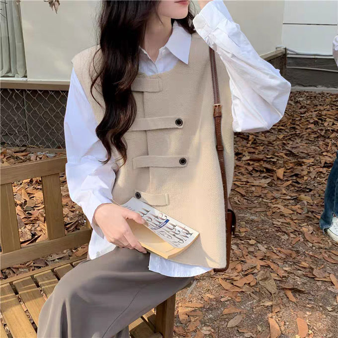 ニットベスト レディース 前開き ショート丈 トップス ノースリーブ 送料無料 レイヤード カーディガン ゆったり 通学 重ね着 カジュアル 秋 シンプル 通勤 