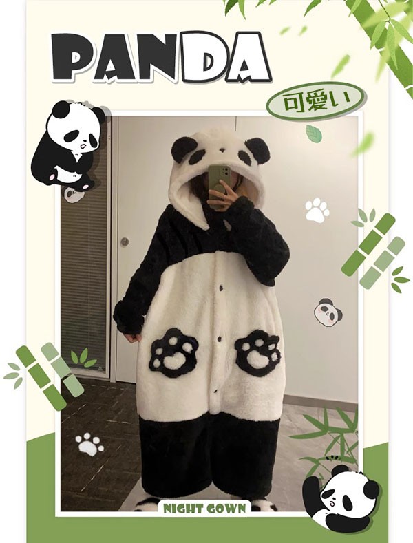 パンダ ルームウェア もこもこ パジャマ 冬 長袖 前開き 大きいサイズ フード付き 着る毛布 ナイトガウン 