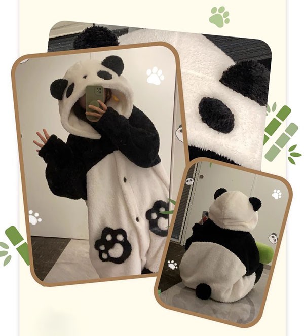 パンダ ルームウェア もこもこ パジャマ 冬 長袖 前開き 大きいサイズ フード付き 着る毛布 ナイトガウン 