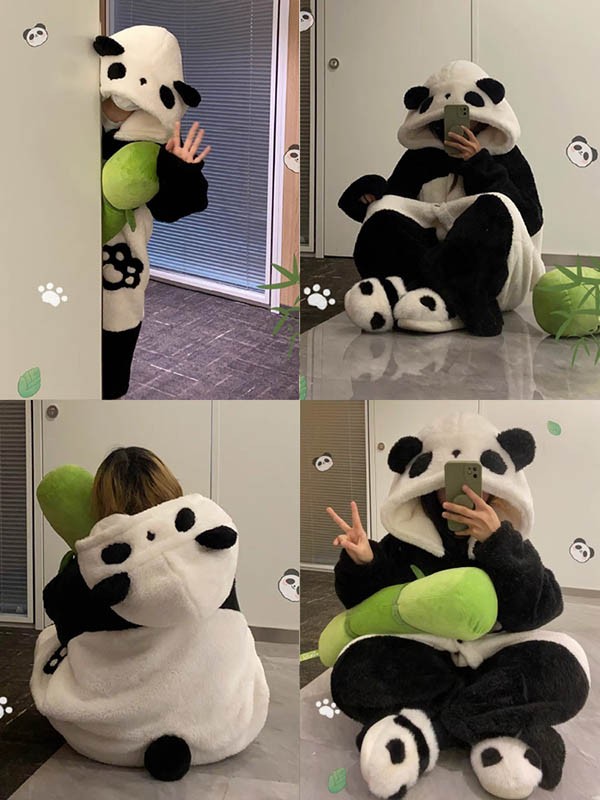 パンダ ルームウェア もこもこ パジャマ 冬 長袖 前開き 大きいサイズ フード付き 着る毛布 ナイトガウン 