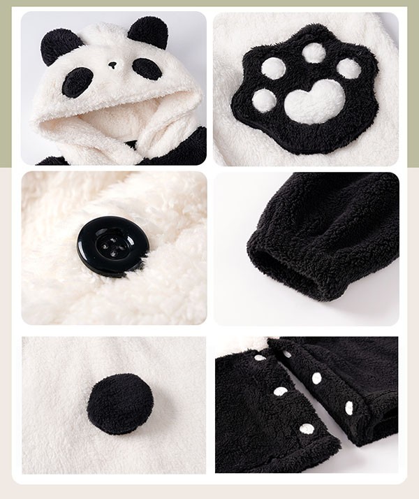 パンダ ルームウェア もこもこ パジャマ 冬 長袖 前開き 大きいサイズ フード付き 着る毛布 ナイトガウン 