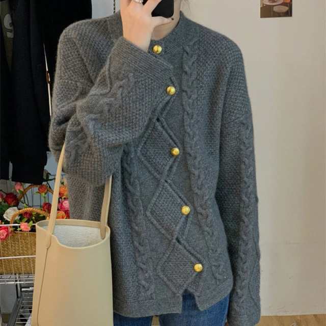 ニット カーディガン レディース トップス ジグザグ GOLDボタン レトロ クルーネック アウター ケーブルニット 羽織 秋冬 可愛い イレギュラー 