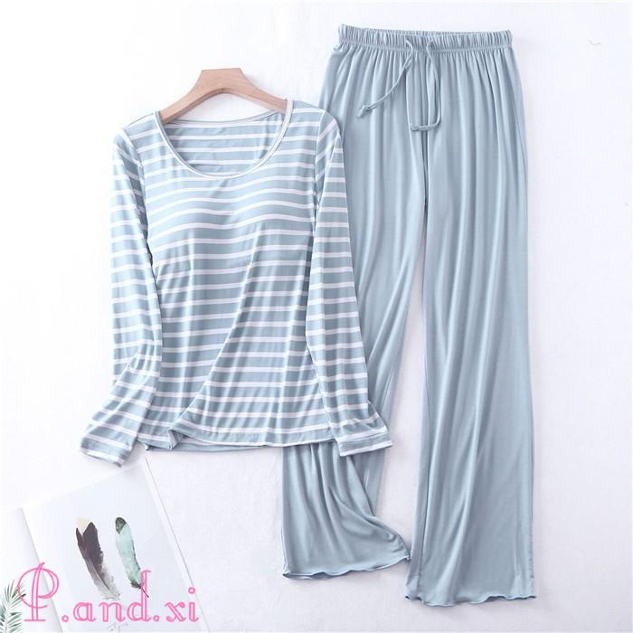 パジャマ レディース ルームウェア 長袖 部屋着 セットアップ 秋 上下セット カップ付き 女性用 2点セット 柔らかめ 寝間着 寝巻き 冬 ストライプ リラックス 