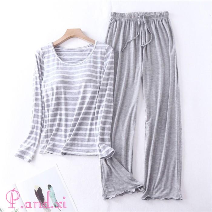 パジャマ レディース ルームウェア 長袖 部屋着 セットアップ 秋 上下セット カップ付き 女性用 2点セット 柔らかめ 寝間着 寝巻き 冬 ストライプ リラックス 