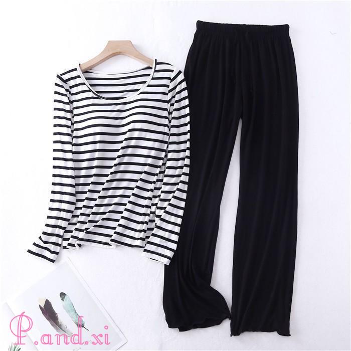 パジャマ レディース ルームウェア 長袖 部屋着 セットアップ 秋 上下セット カップ付き 女性用 2点セット 柔らかめ 寝間着 寝巻き 冬 ストライプ リラックス 