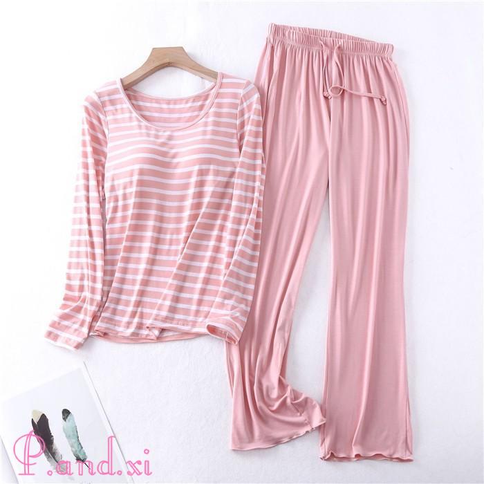 パジャマ レディース ルームウェア 長袖 部屋着 セットアップ 秋 上下セット カップ付き 女性用 2点セット 柔らかめ 寝間着 寝巻き 冬 ストライプ リラックス 