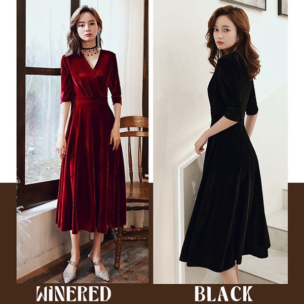 パーティードレス ミモレ丈 結婚式 ワンピース 結婚式ドレス 袖あり ドレス 大きいサイズ Vネック お呼ばれ 母親 ドレス 