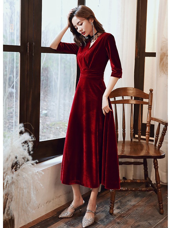 パーティードレス ミモレ丈 結婚式 ワンピース 結婚式ドレス 袖あり ドレス 大きいサイズ Vネック お呼ばれ 母親 ドレス 