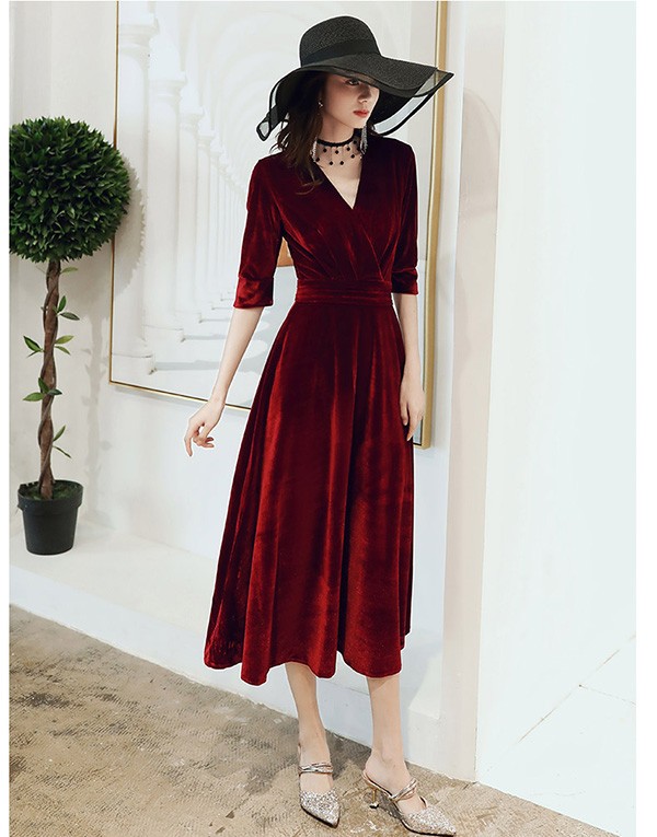 パーティードレス ミモレ丈 結婚式 ワンピース 結婚式ドレス 袖あり ドレス 大きいサイズ Vネック お呼ばれ 母親 ドレス 