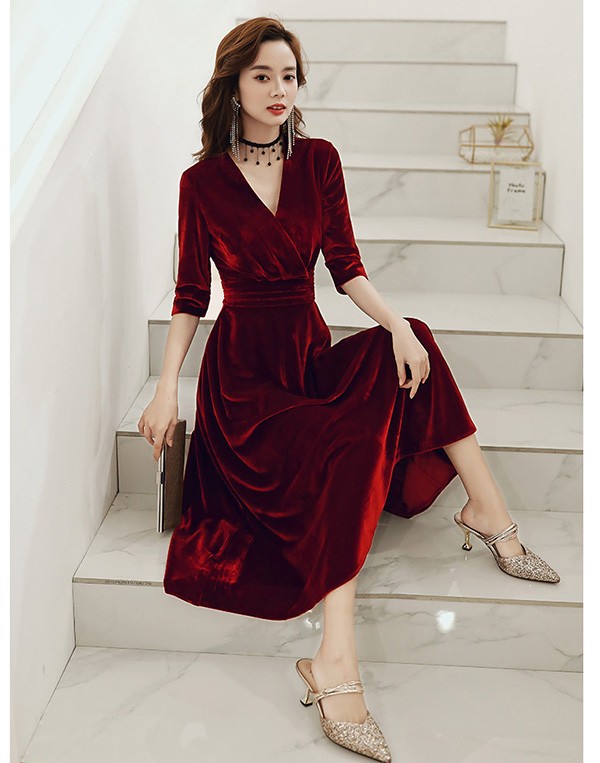 パーティードレス ミモレ丈 結婚式 ワンピース 結婚式ドレス 袖あり ドレス 大きいサイズ Vネック お呼ばれ 母親 ドレス 