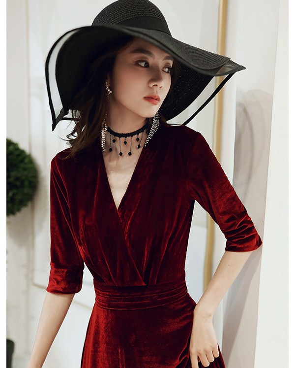 パーティードレス ミモレ丈 結婚式 ワンピース 結婚式ドレス 袖あり ドレス 大きいサイズ Vネック お呼ばれ 母親 ドレス 