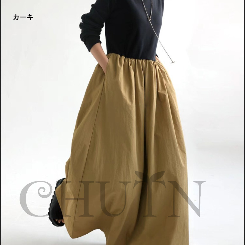 春ドッキングワンピース長袖 夏秋 ロングワンピース マキシワンピース 秋服ワンピース長袖 カジュアルワンピース無地ドッキングワンピース大人 40代50代 気質 
