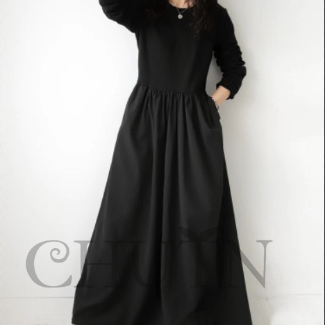 春ドッキングワンピース長袖 夏秋 ロングワンピース マキシワンピース 秋服ワンピース長袖 カジュアルワンピース無地ドッキングワンピース大人 40代50代 気質 