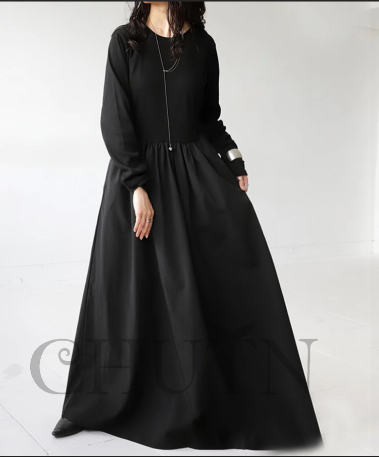 春ドッキングワンピース長袖 夏秋 ロングワンピース マキシワンピース 秋服ワンピース長袖 カジュアルワンピース無地ドッキングワンピース大人 40代50代 気質 