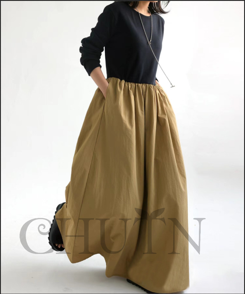 春ドッキングワンピース長袖 夏秋 ロングワンピース マキシワンピース 秋服ワンピース長袖 カジュアルワンピース無地ドッキングワンピース大人 40代50代 気質 
