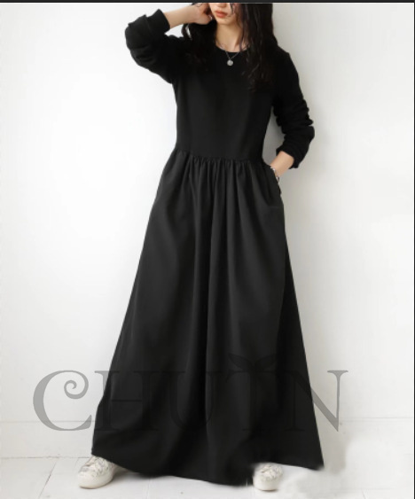 春ドッキングワンピース長袖 夏秋 ロングワンピース マキシワンピース 秋服ワンピース長袖 カジュアルワンピース無地ドッキングワンピース大人 40代50代 気質 