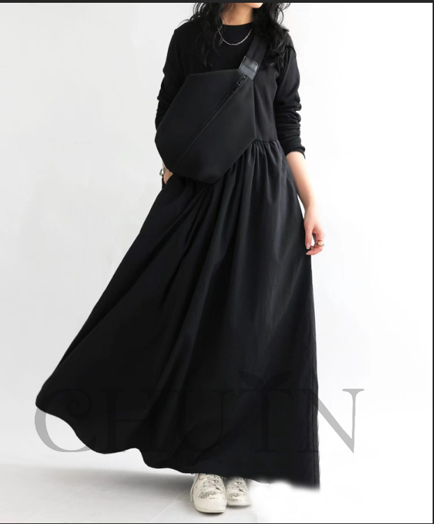 春ドッキングワンピース長袖 夏秋 ロングワンピース マキシワンピース 秋服ワンピース長袖 カジュアルワンピース無地ドッキングワンピース大人 40代50代 気質 