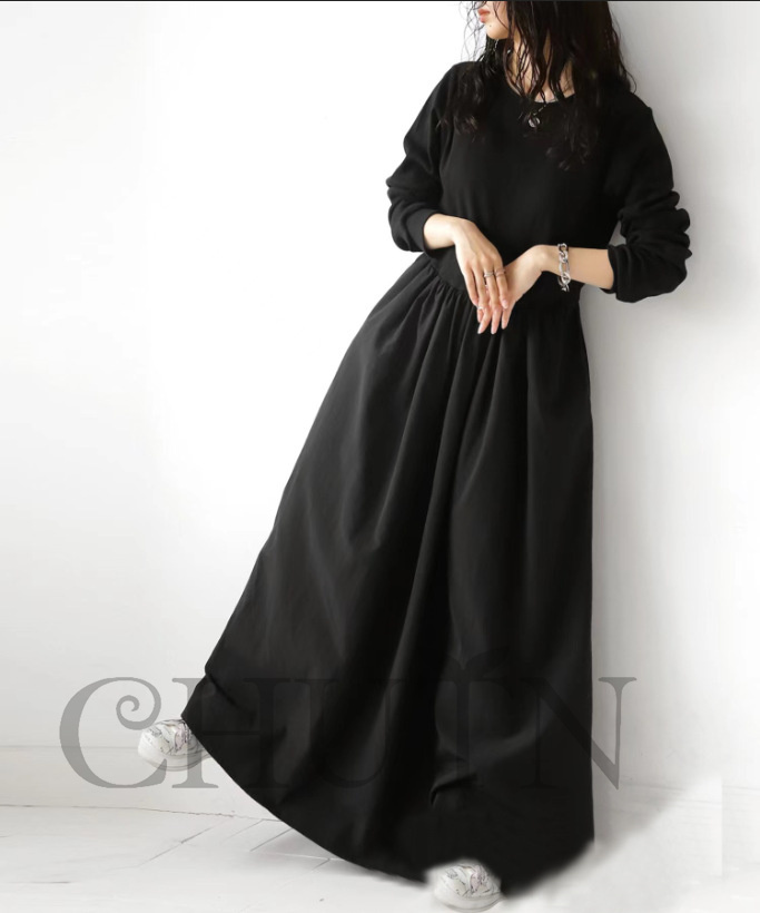 春ドッキングワンピース長袖 夏秋 ロングワンピース マキシワンピース 秋服ワンピース長袖 カジュアルワンピース無地ドッキングワンピース大人 40代50代 気質 