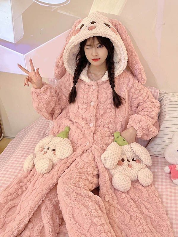 ルームウェア もこもこ パジャマ 冬 長袖 ナイトガウン 前開き 寝巻き 着る毛布 部屋着 フード付き 