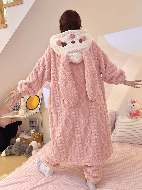 ルームウェア もこもこ パジャマ 冬 長袖 ナイトガウン 前開き 寝巻き 着る毛布 部屋着 フード付き 