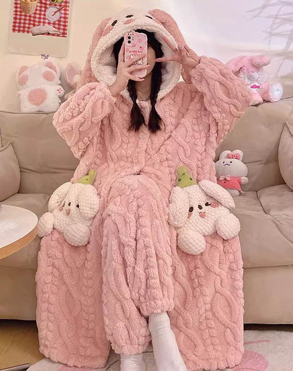 ルームウェア もこもこ パジャマ 冬 長袖 ナイトガウン 前開き 寝巻き 着る毛布 部屋着 フード付き 