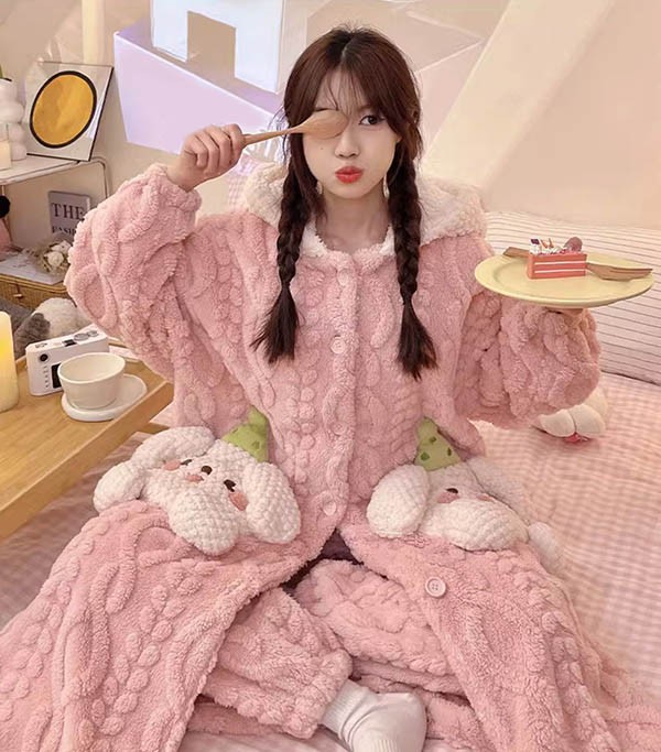 ルームウェア もこもこ パジャマ 冬 長袖 ナイトガウン 前開き 寝巻き 着る毛布 部屋着 フード付き 