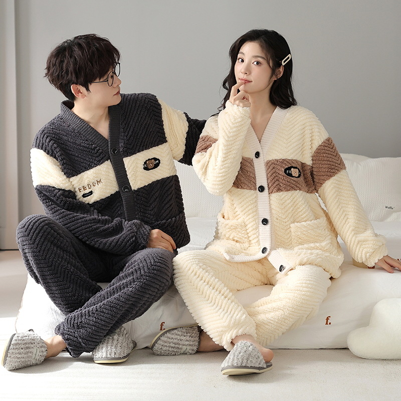 ルームウェア ペアパジャマ ナイトウェア レディース メンズ 前開き上下セット 寝間着 ペアルック ボア長袖 暖かい 部屋着 秋冬 厚手 もこもこ 裏起毛 防寒 