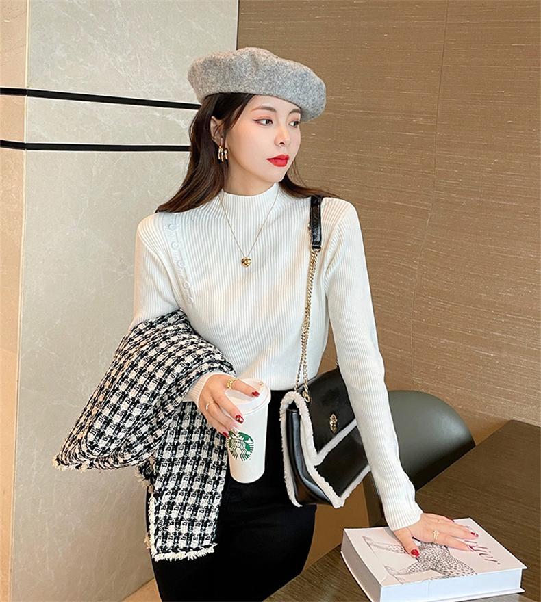 セーターボトリングシャツ女性のための秋冬 2023 新しいスタイル外国スタイルのインナー層厚いハイエンドニットハーフタートルネックホワイトトップ  