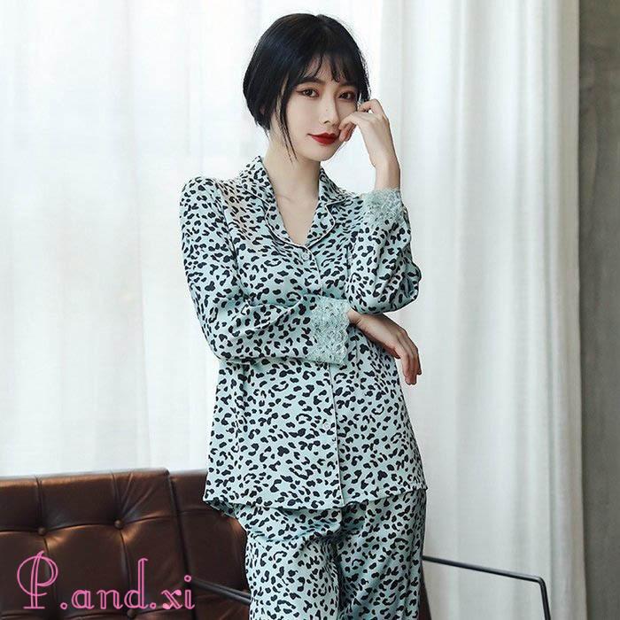 ルームウェア 長袖 レディース 上下セット パジャマ 前開き 部屋着 2点セット セックス セットアップ 着心地良い 上下 ヒョウ柄 パンツ 