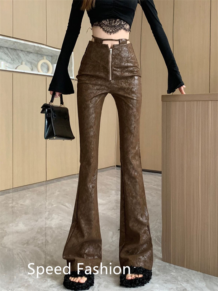 レザーラッパズボン レディース ファッション フレアパンツ ロングズボン フィッシュテール スリム着痩せストレッチボ ハイウエスト 