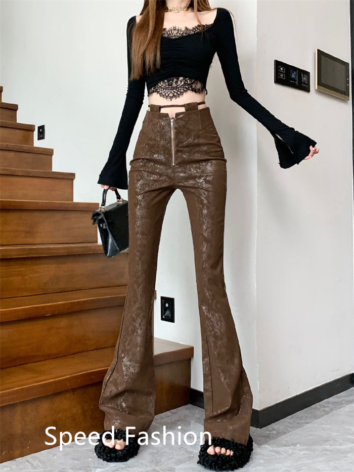 レザーラッパズボン レディース ファッション フレアパンツ ロングズボン フィッシュテール スリム着痩せストレッチボ ハイウエスト 