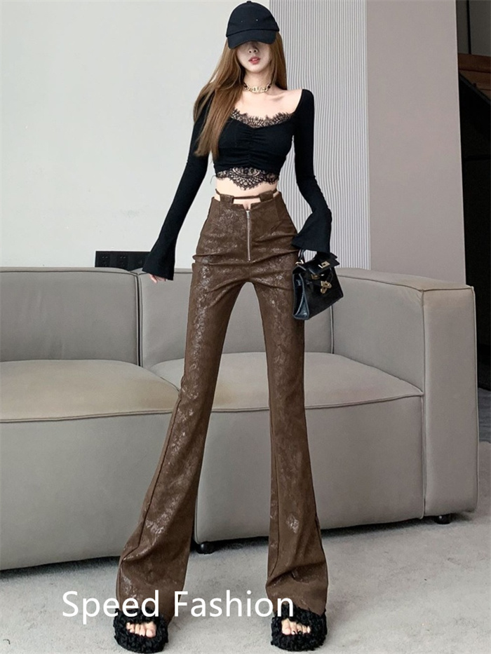 レザーラッパズボン レディース ファッション フレアパンツ ロングズボン フィッシュテール スリム着痩せストレッチボ ハイウエスト 