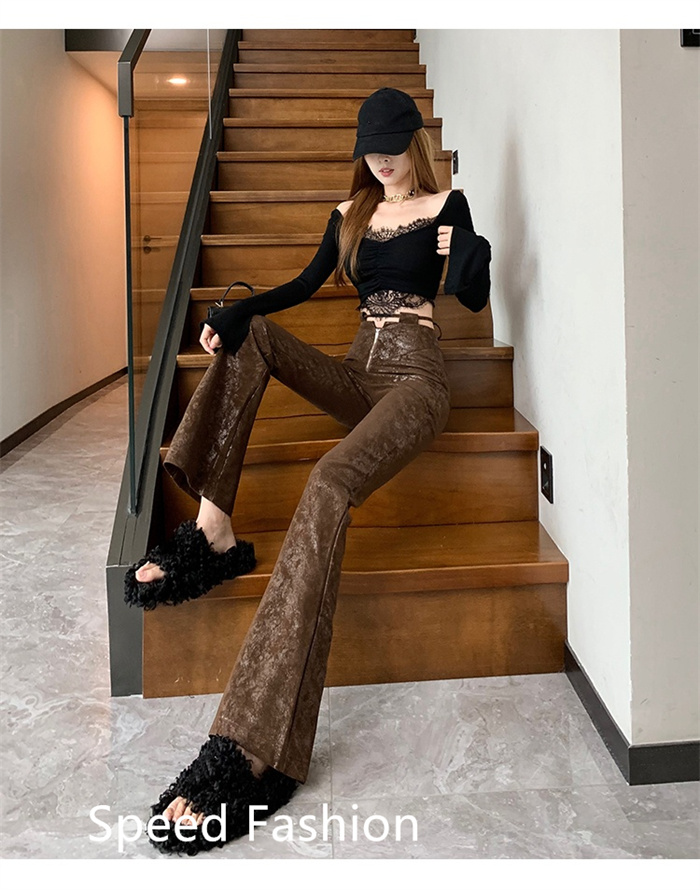 レザーラッパズボン レディース ファッション フレアパンツ ロングズボン フィッシュテール スリム着痩せストレッチボ ハイウエスト 