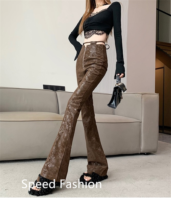 レザーラッパズボン レディース ファッション フレアパンツ ロングズボン フィッシュテール スリム着痩せストレッチボ ハイウエスト 