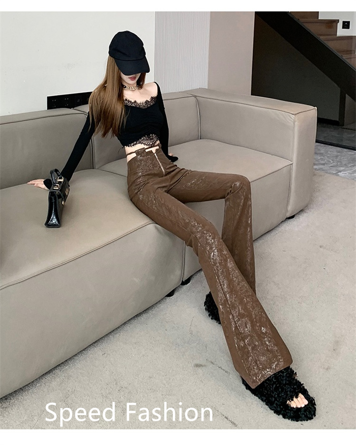 レザーラッパズボン レディース ファッション フレアパンツ ロングズボン フィッシュテール スリム着痩せストレッチボ ハイウエスト 