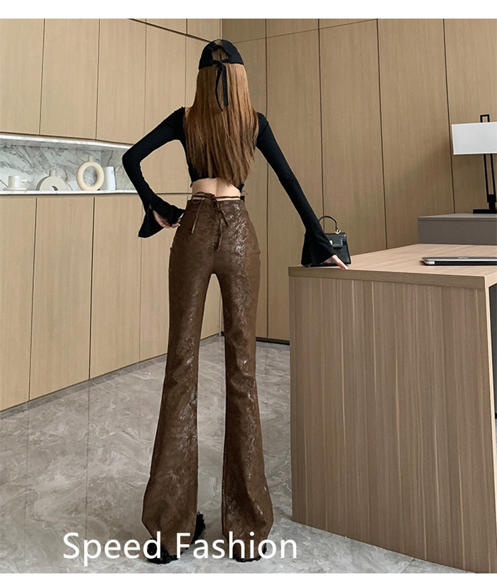 レザーラッパズボン レディース ファッション フレアパンツ ロングズボン フィッシュテール スリム着痩せストレッチボ ハイウエスト 