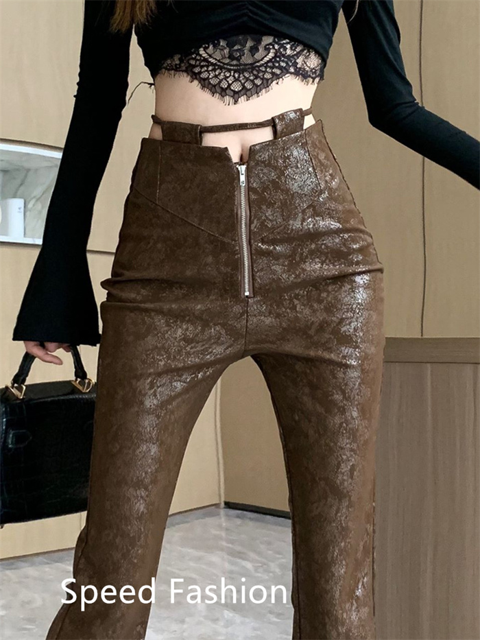 レザーラッパズボン レディース ファッション フレアパンツ ロングズボン フィッシュテール スリム着痩せストレッチボ ハイウエスト 