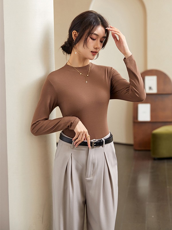 インナー 長袖 ネック レディース トップス カットソー シンプル ベーシック シルキータッチ 