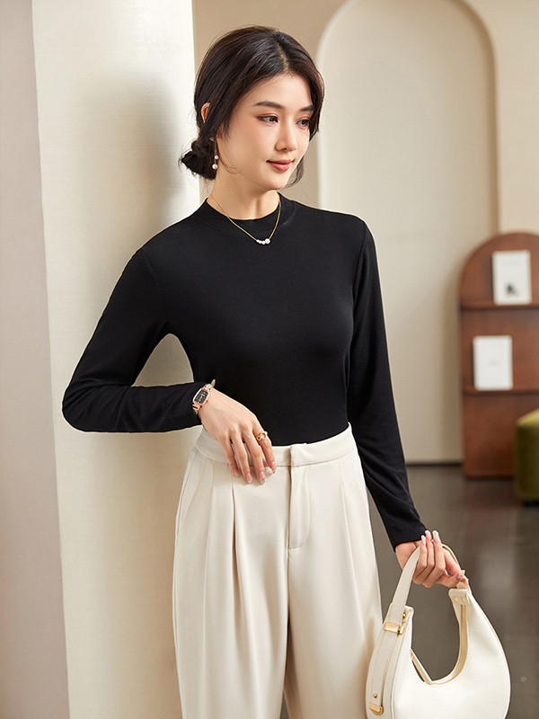 インナー 長袖 ネック レディース トップス カットソー シンプル ベーシック シルキータッチ 